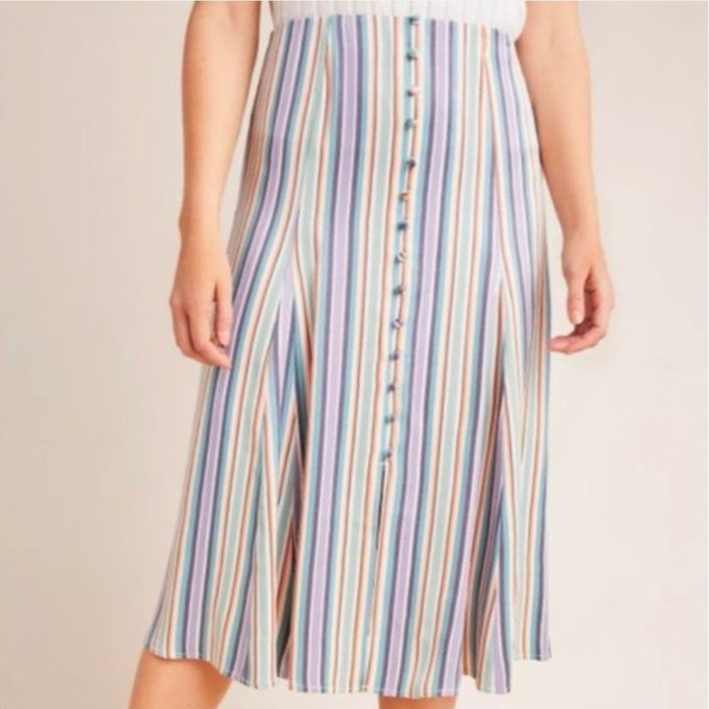 Anthropologie Freya Vertical Stripe Button Front Midi Skirt US 14